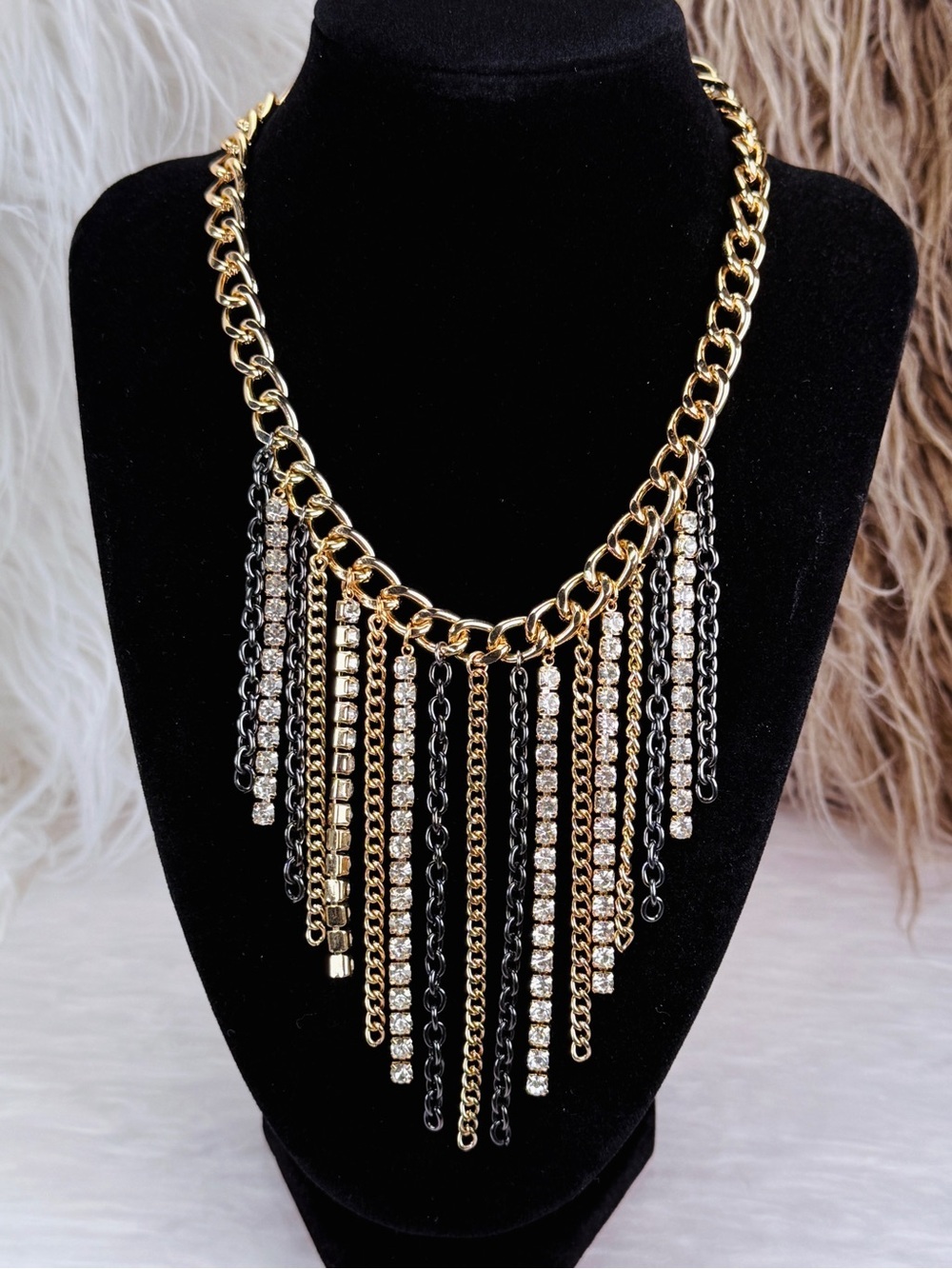 Madden NYC Fringe Statement Necklace Gold Gunmetal Rhinestone Bib